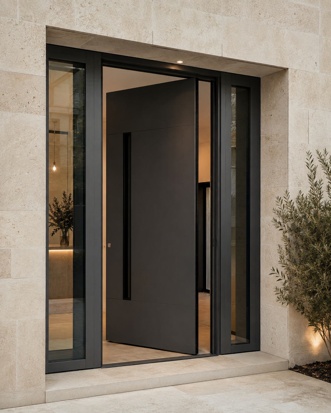 Porte d’entrée en aluminium anthracite avec vitrage latéral